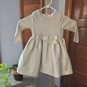 Bonnie Baby Knit To Jacquard Babydoll Gold Tie-Waist Long Sleeve Dress 24 Mos.